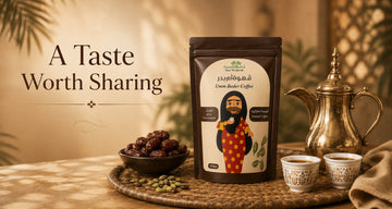 Traditional Emirati coffee Dallah teapot, small Finjan cups, and fresh organic dates on a wooden table